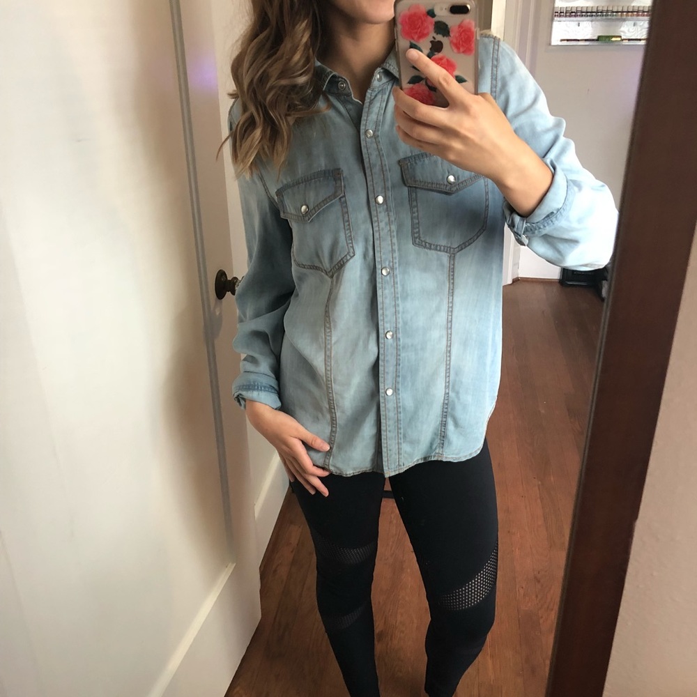 Trouve Chambray Denim Distressed Shirt
